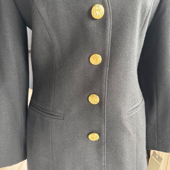 Vintage 90s 100% Wool Black Skirt Suit w Gold Buttons - Picture 3 of 16